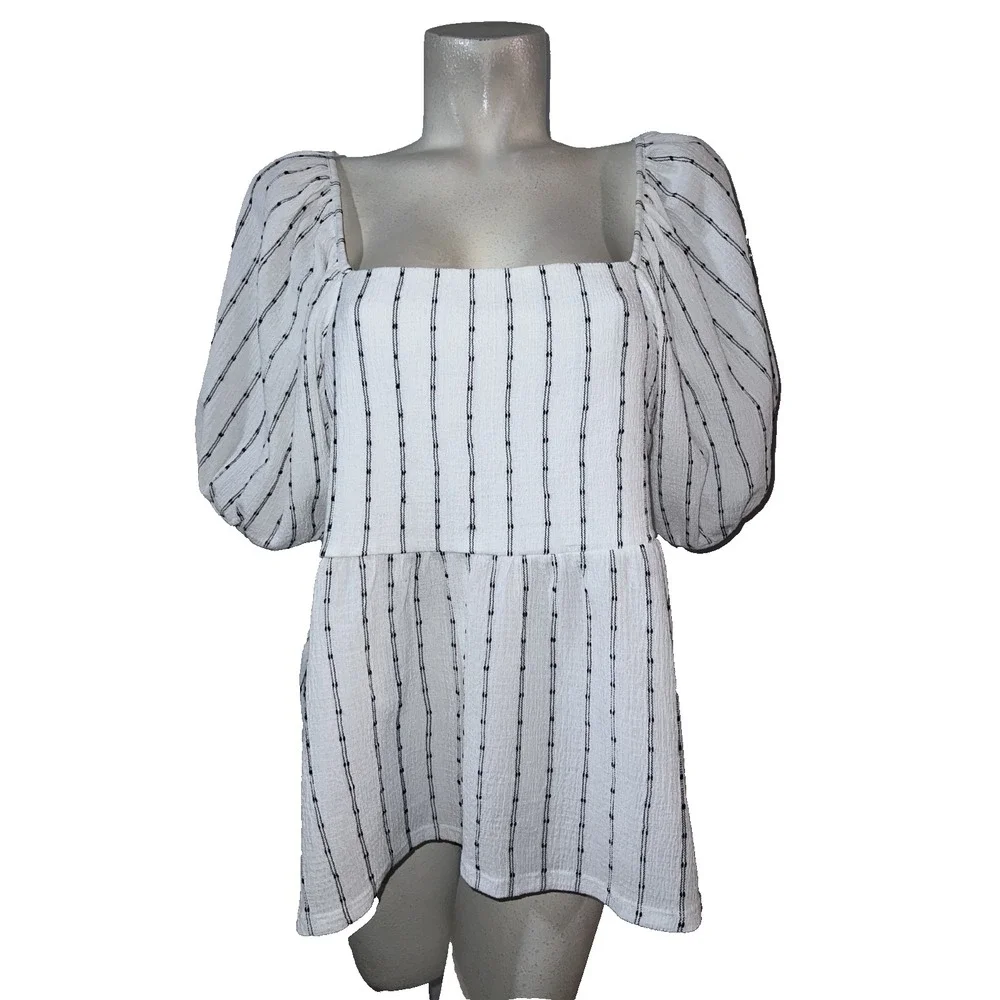 Madewell Top Womens Size XL White Black Square Neck Puff-Sleeve Stripe Shirt